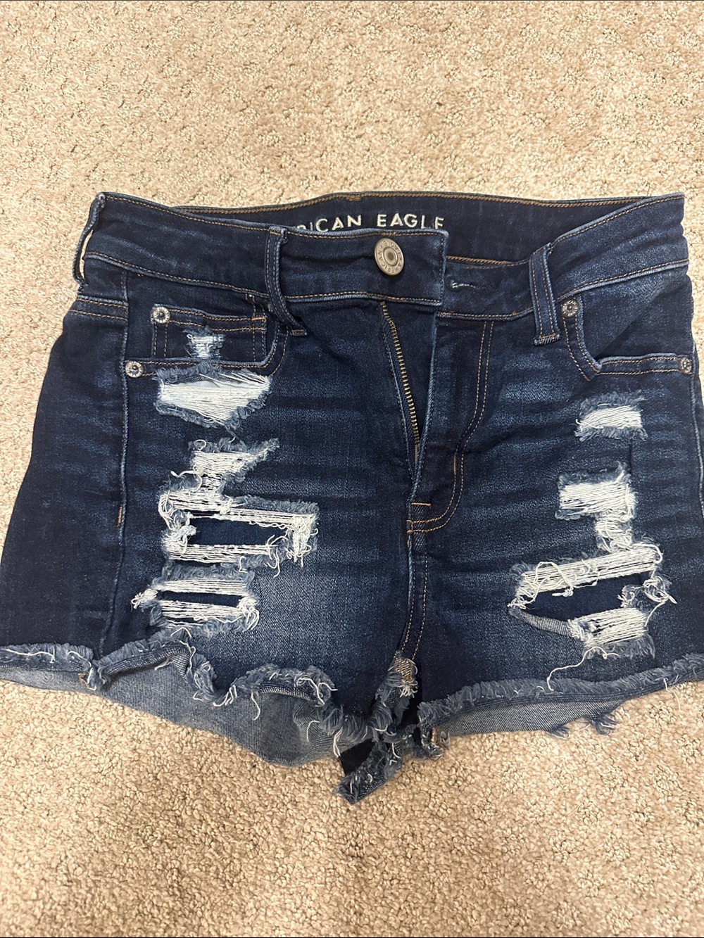 American Eagle Outfitters Dark Blue Distressed High-Rise Jean Shorts